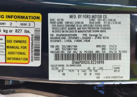 2020 Ford Fusion Se из США, поврежденный, VIN 3FA6P0HDXLR224898